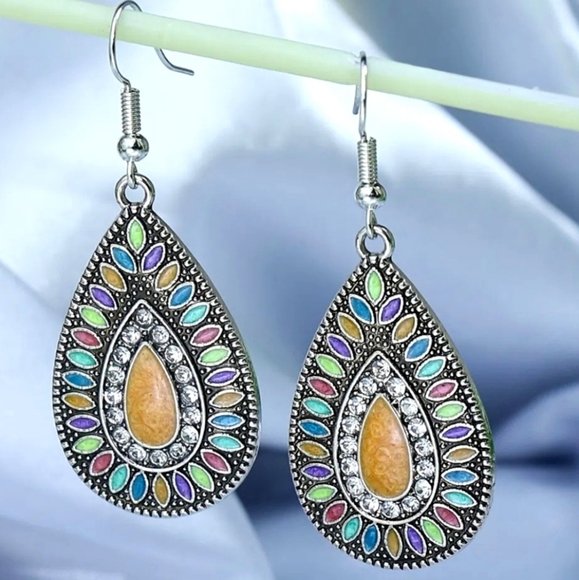 BOHO Silver Earrings Rhinestone Earrings Silver Drop Earrings Teardrop Earrings - Picture 2 of 5